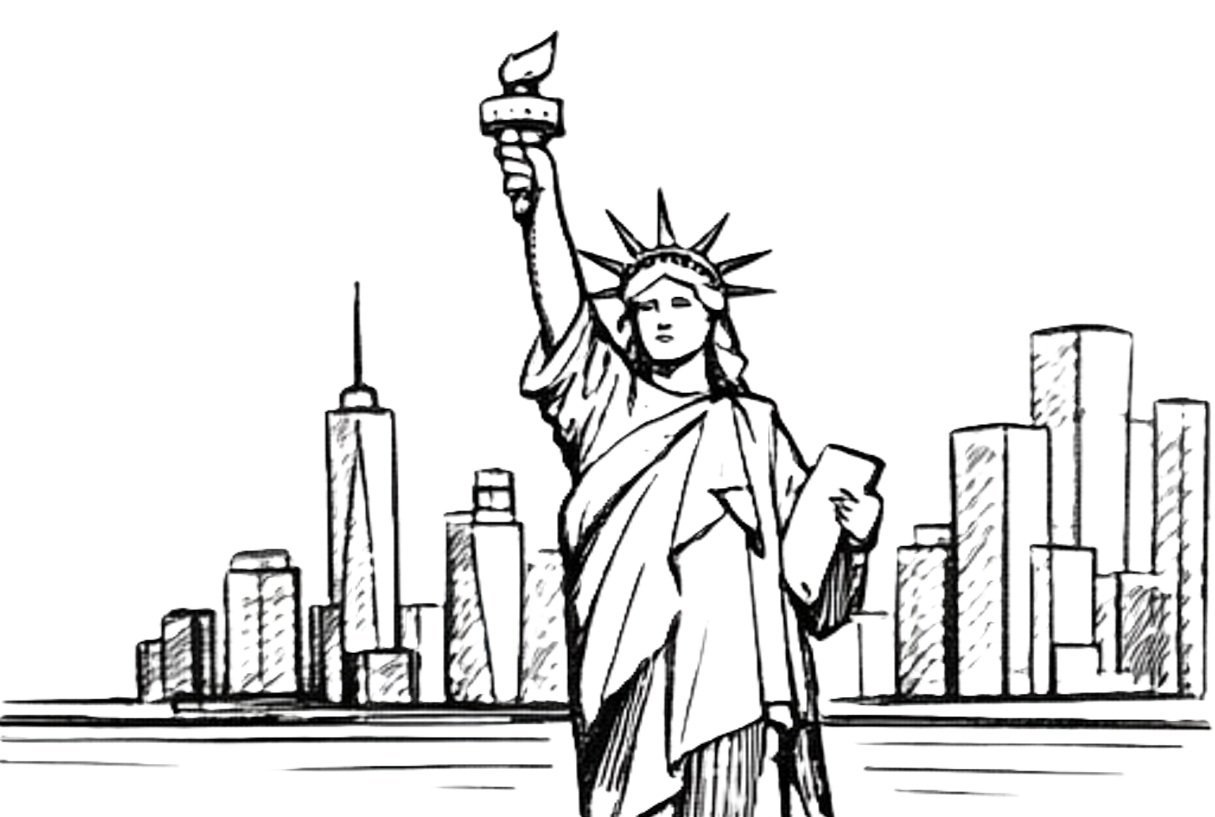 Pencil sketch of the Statue of Liberty with Manhattan skyline
